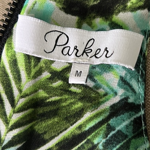 Parker Silk Amazonia Palm Leaf Print Asymmetrical Racerback Flared Mini Dress M - Picture 8 of 11